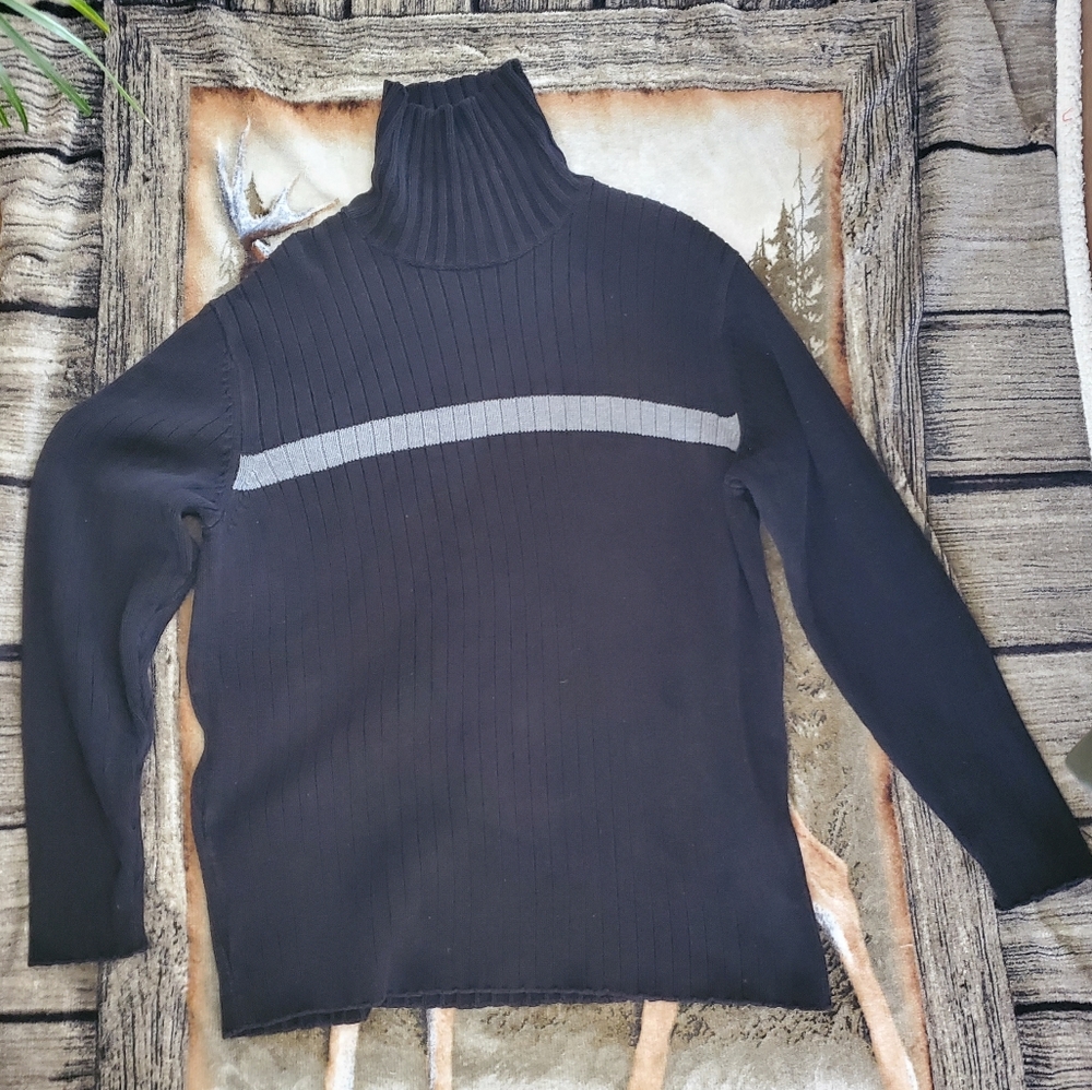 Vintage 90's Old Navy Black Ribbed Gray Stripped Pull Over Sweater